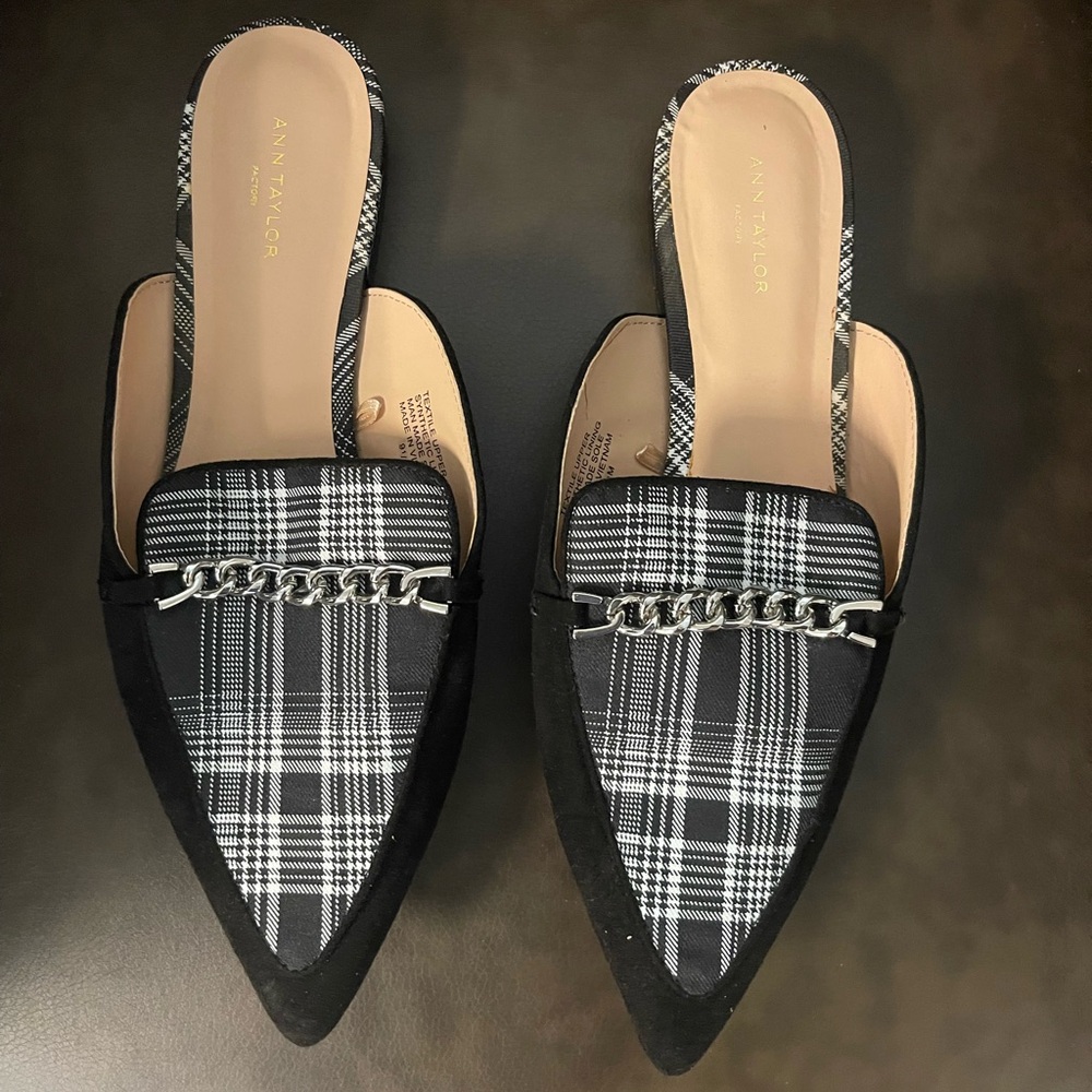 Ann Taylor Plaid Pointed Toe Mules - size 9.5